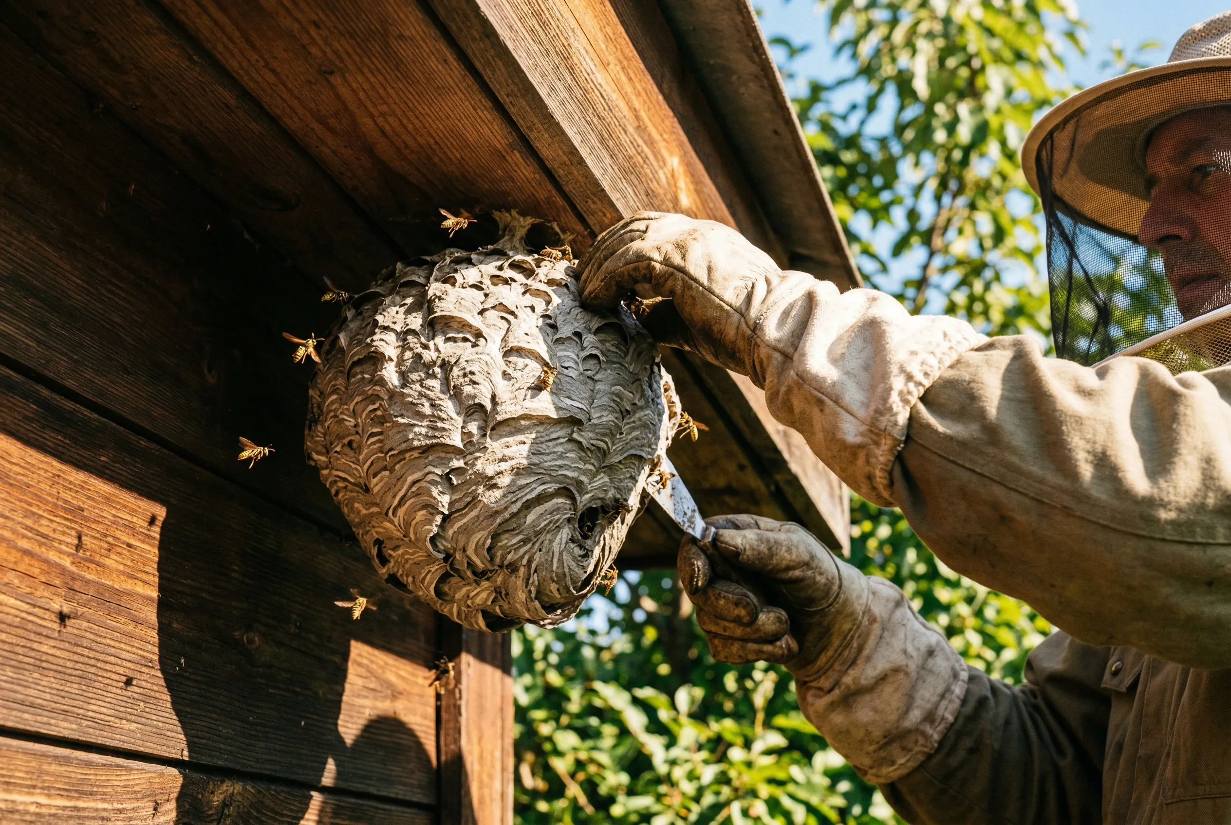 Close-up van een wespennest dat verwijderd wordt