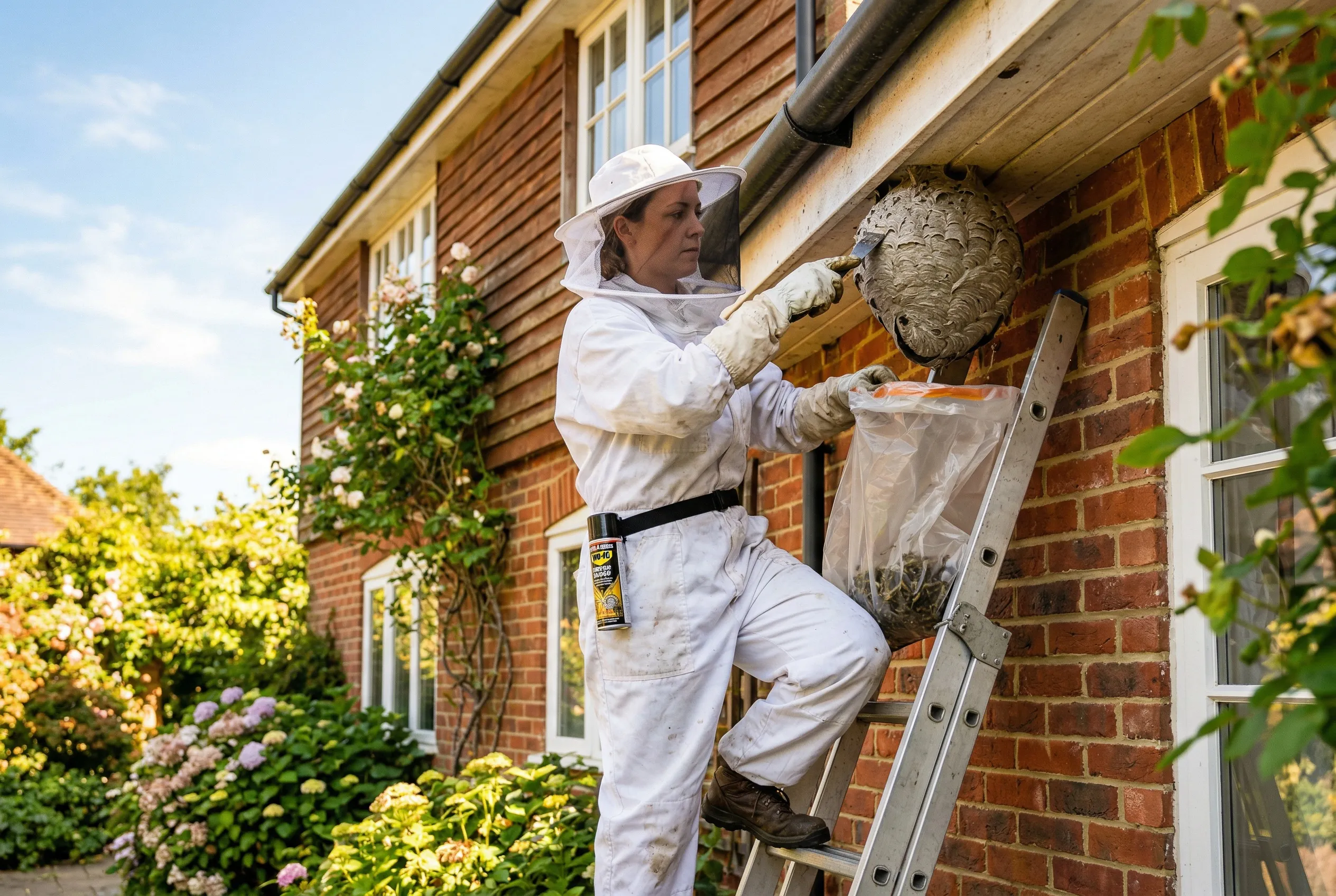 Vakman verwijdert bijennest bij woning