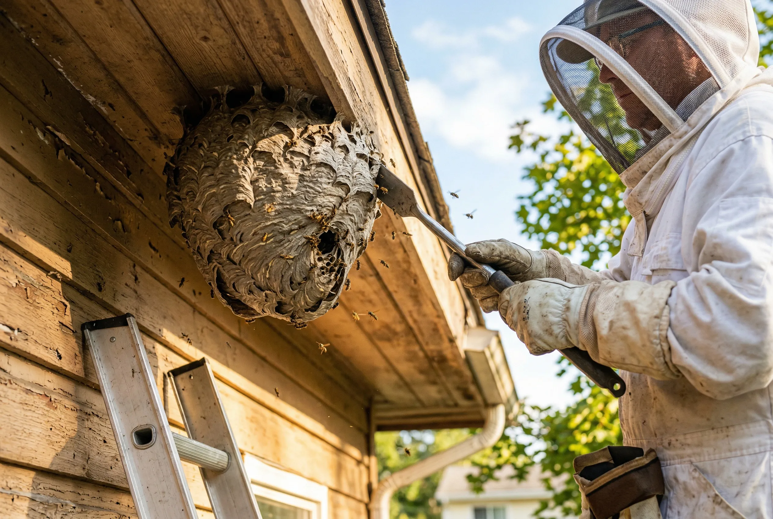 Vakman verwijdert wespennest onder dakrand