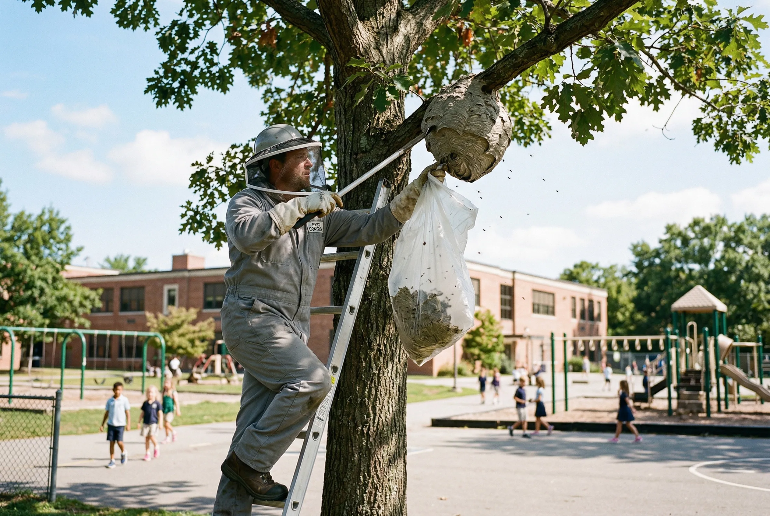 Verwijdering wespennest bij een boom op schoolplein