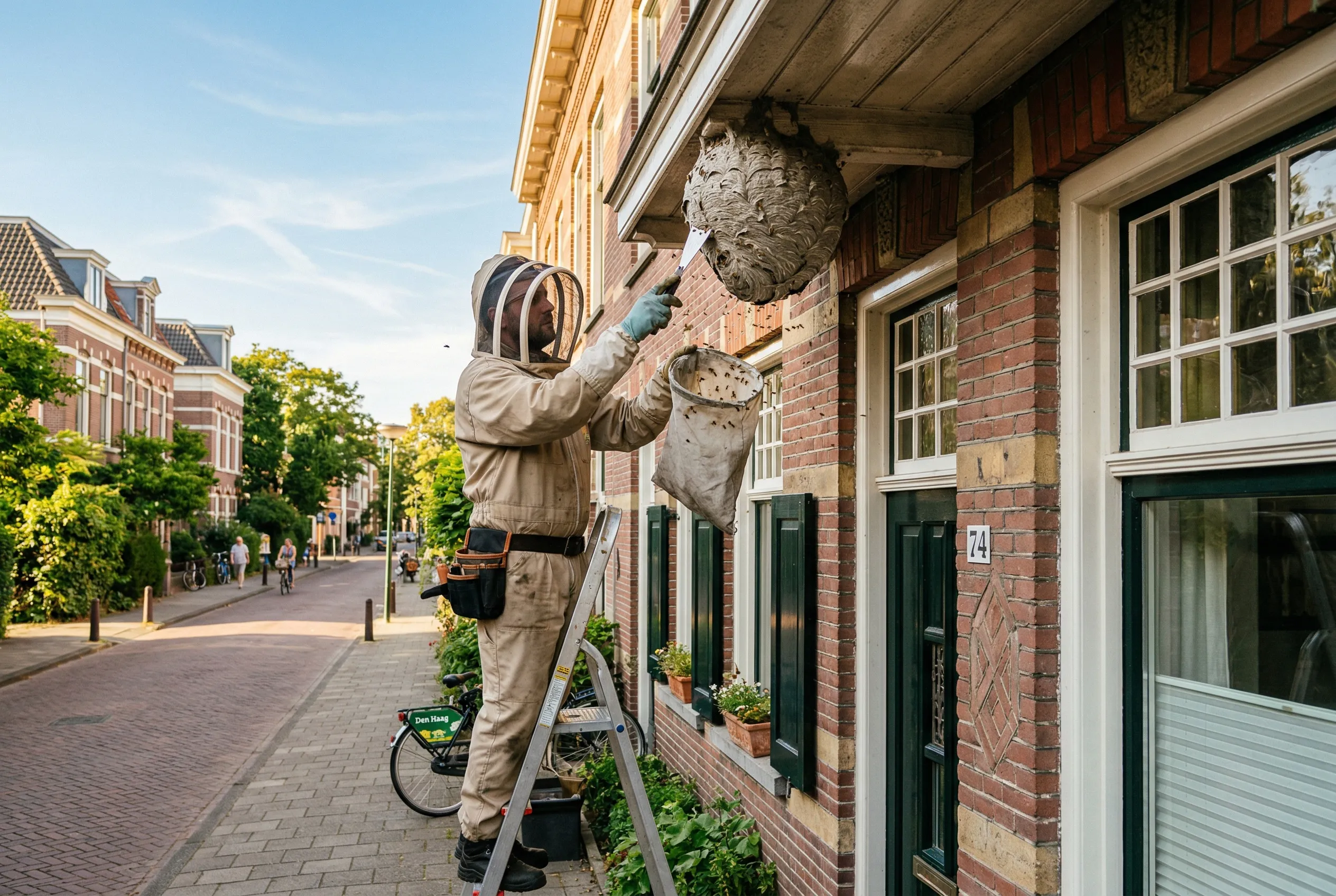 Vakman verwijdert wespennest aan Nederlands gebouw