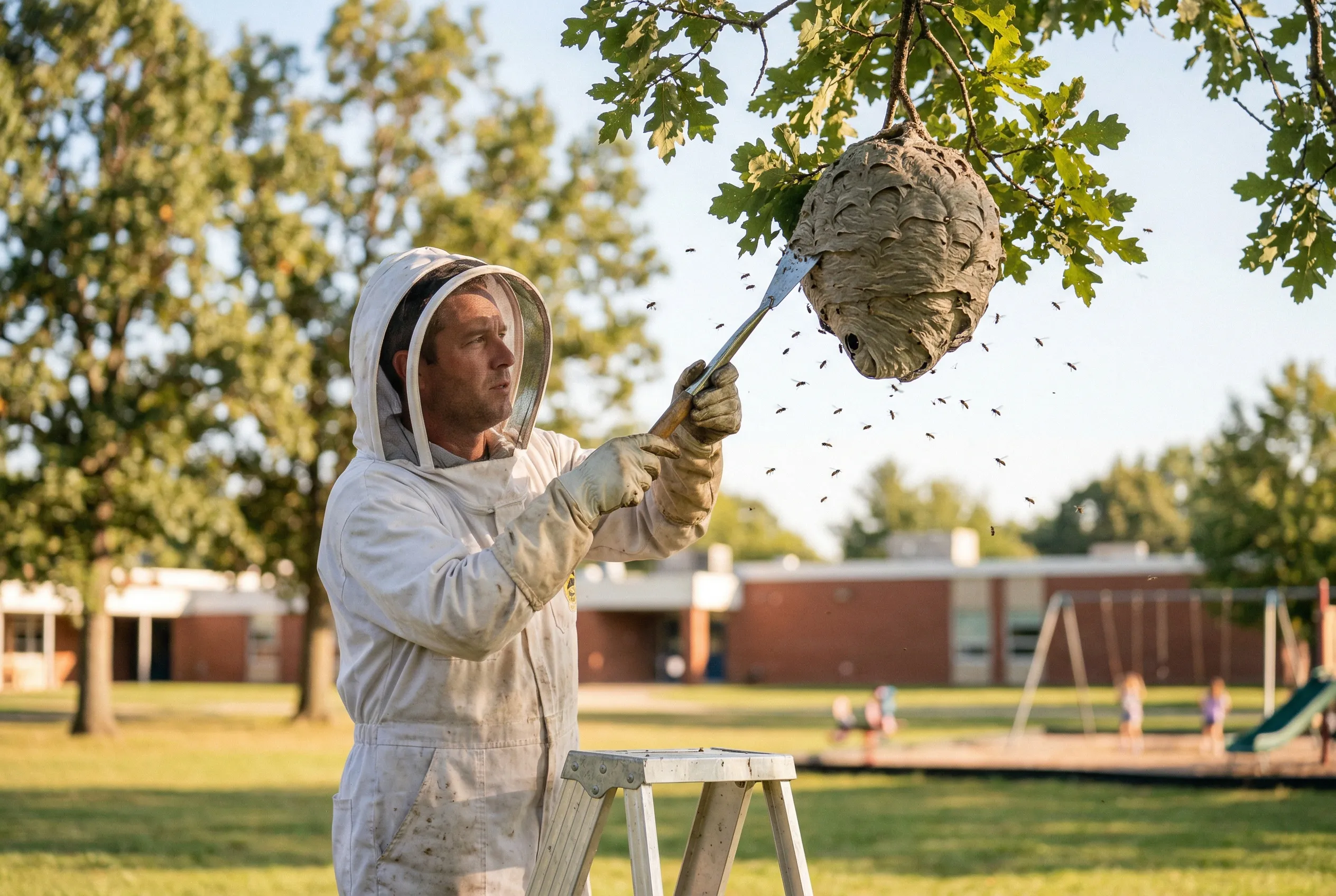 Vakman verwijdert nest uit boom