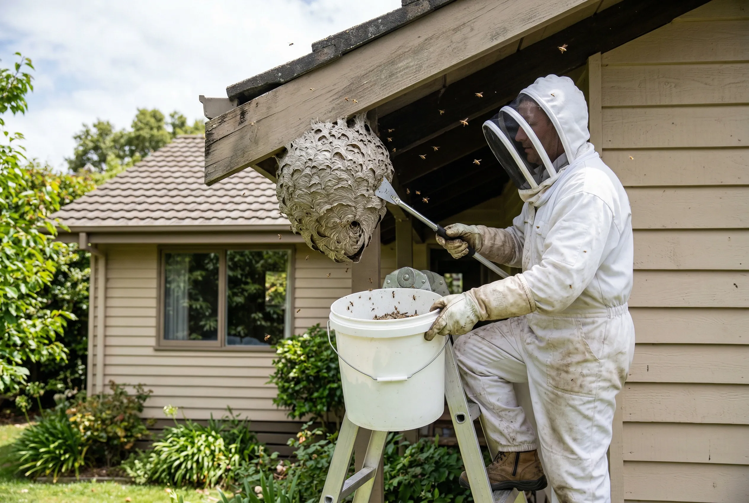 Vakman vangt verwijderd wespennest op in emmer
