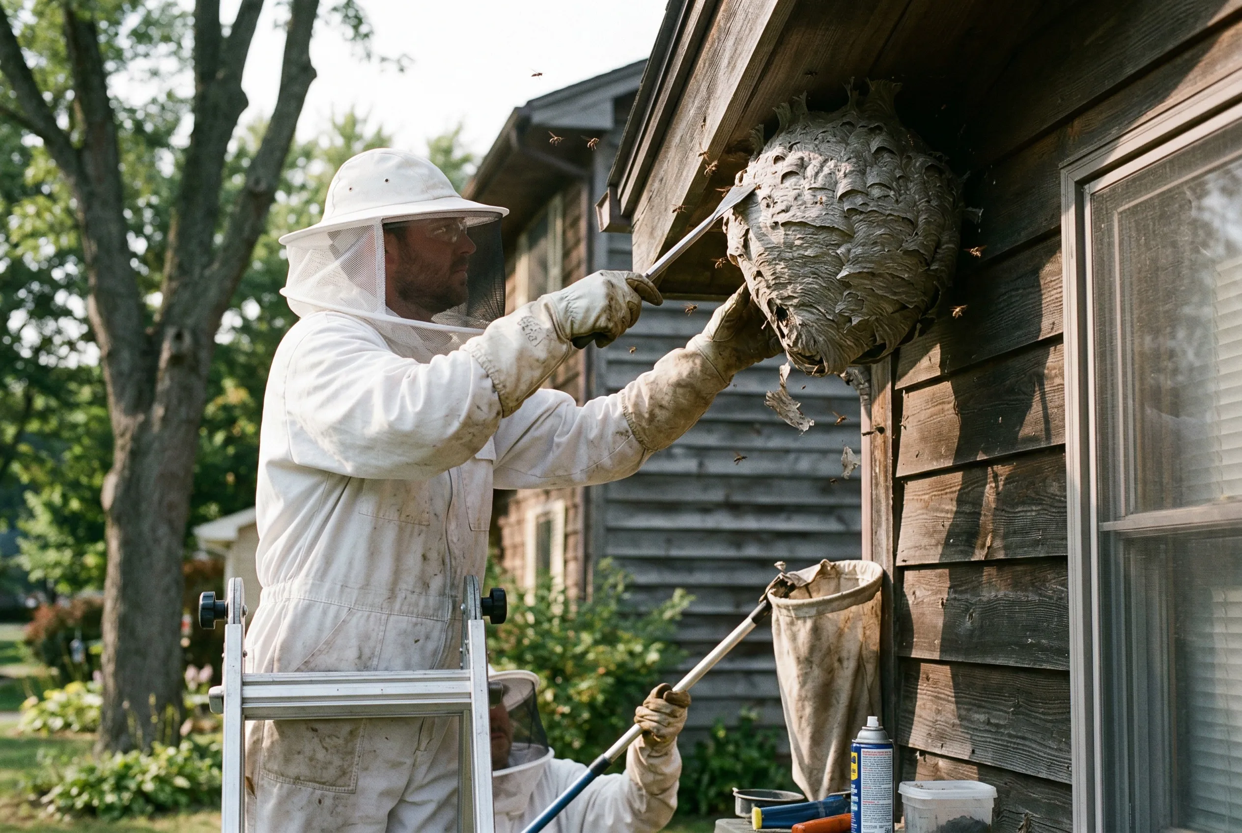 Vakman met professioneel gereedschap bij wespennest
