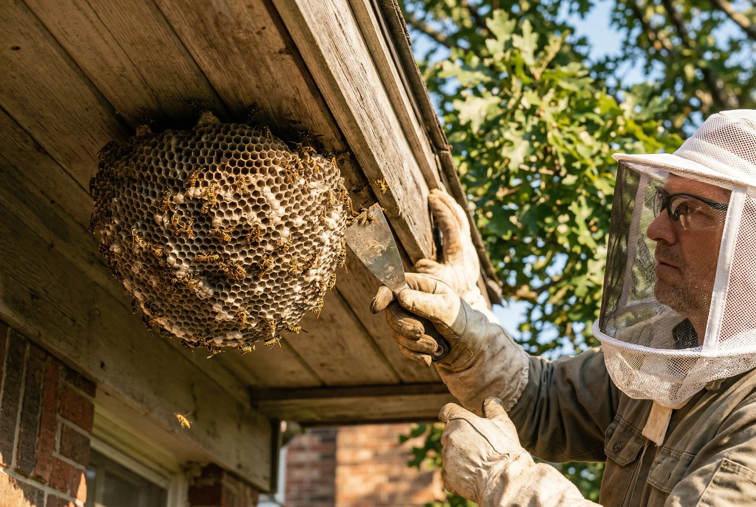 Vakman inspecteert een wespennest