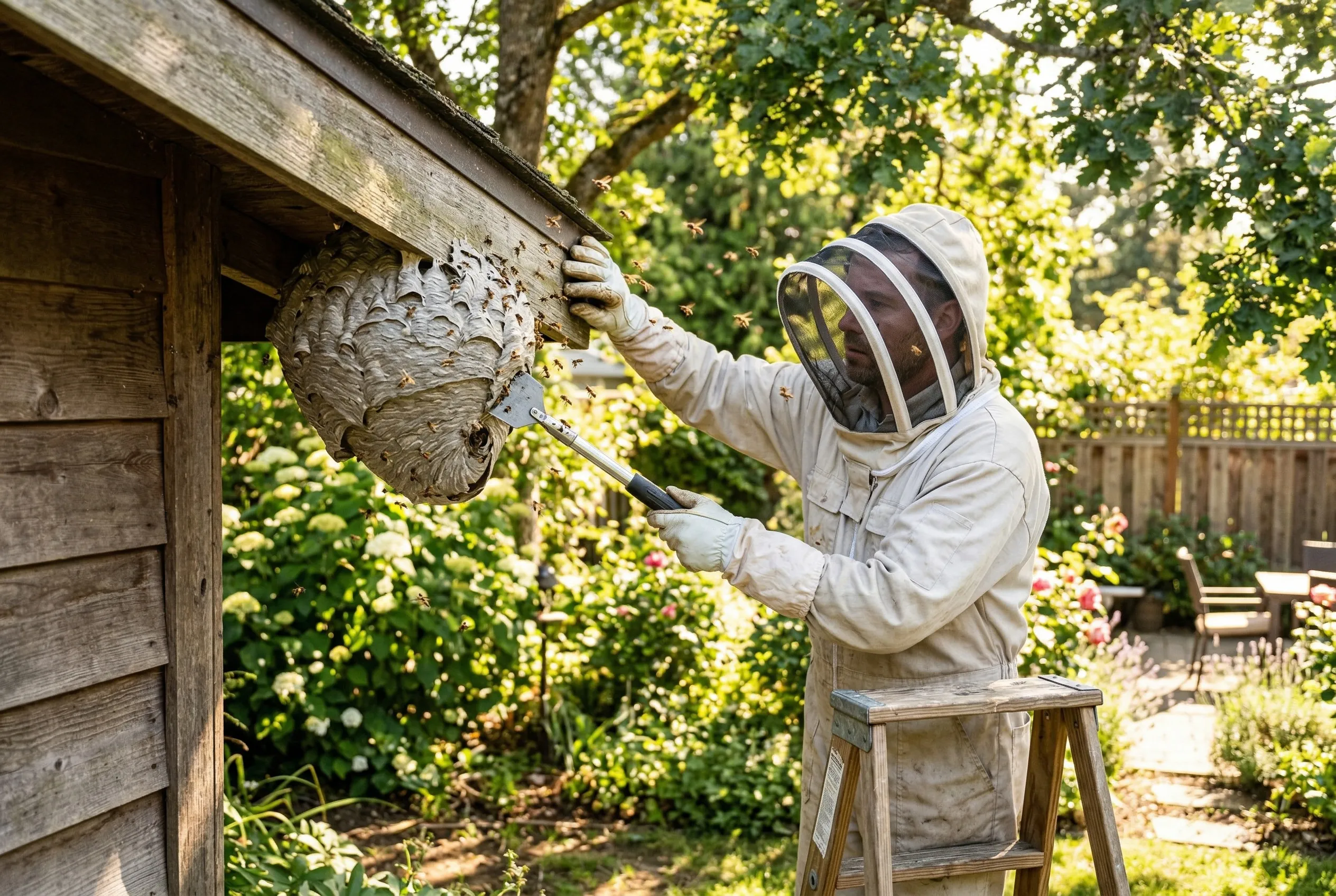 Vakman inspecteert wespennest bij schuur