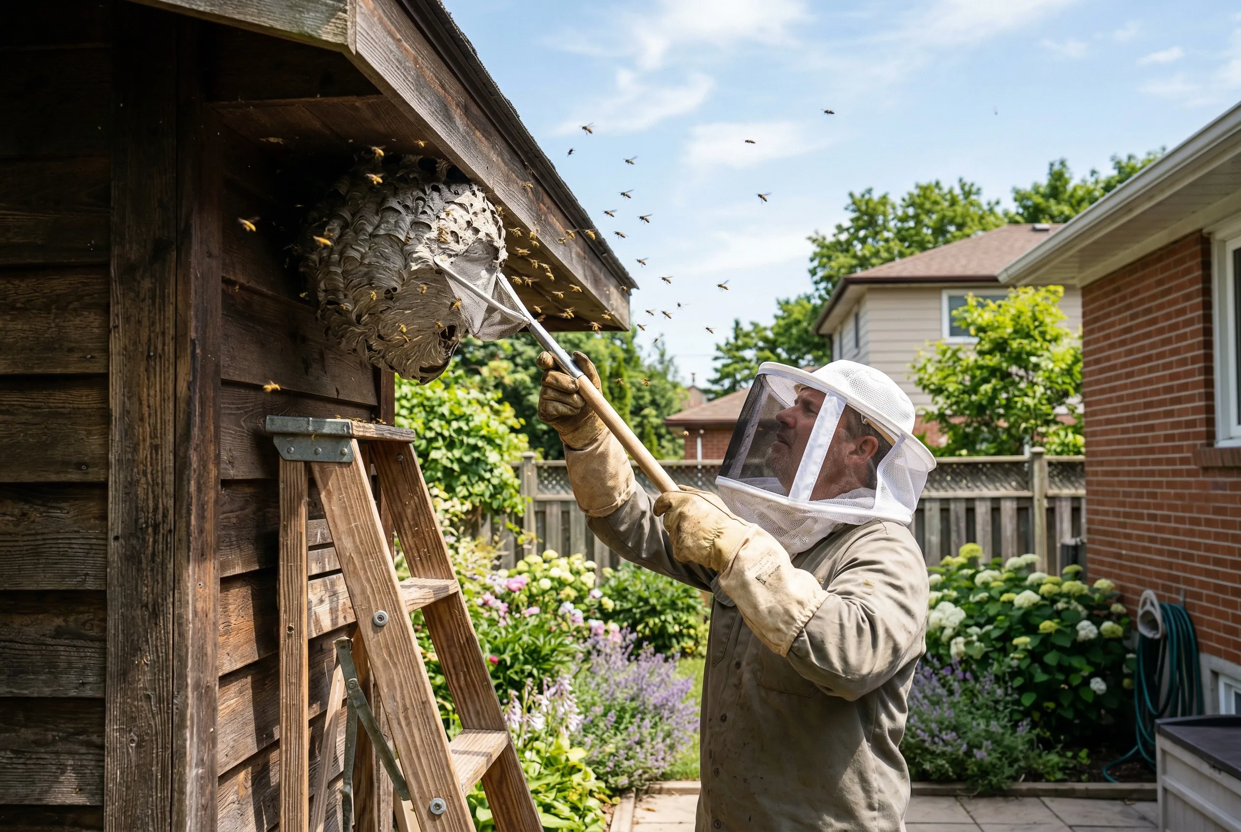 Vakman verwijdert wespennest met professioneel gereedschap